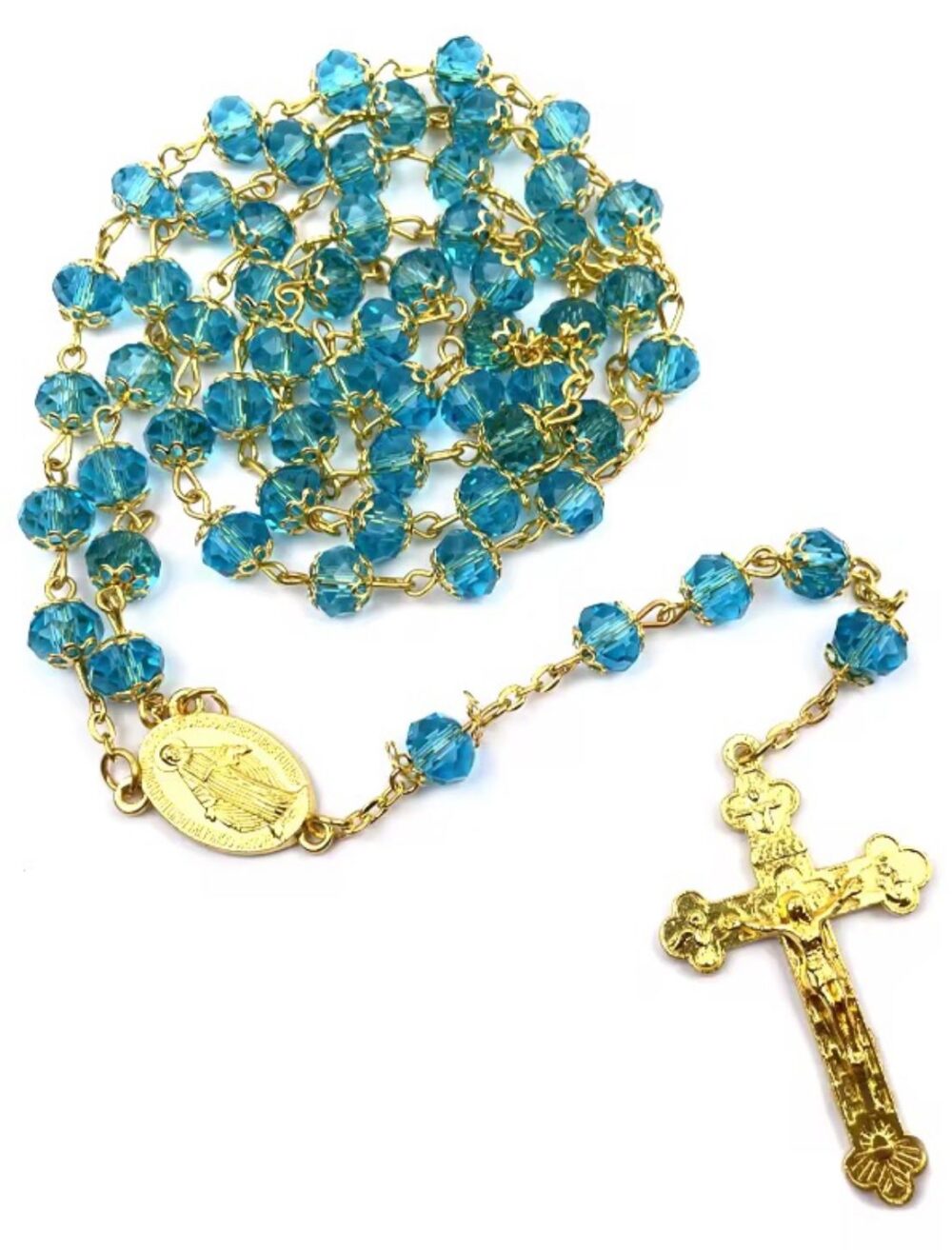 Miraculous Medal Crystal Aqua Rosary
