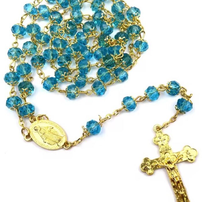 Miraculous Medal Crystal Aqua Rosary