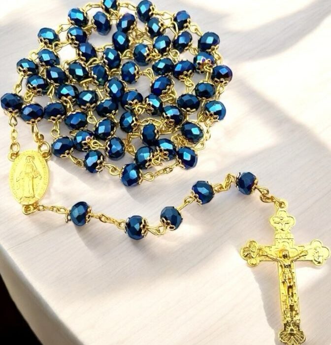 Miraculous Medal Crystal Aqua Rosary