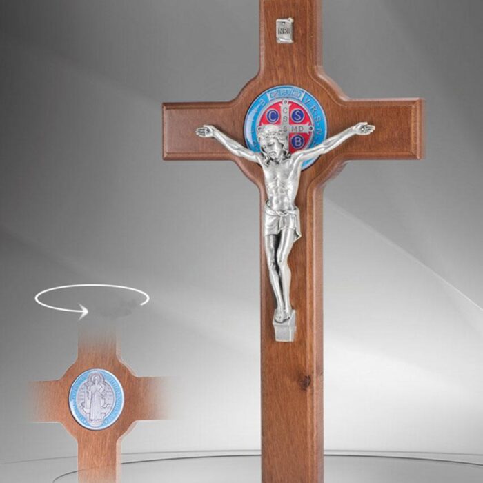Saint Benedict wooden crucifix with enameled medal