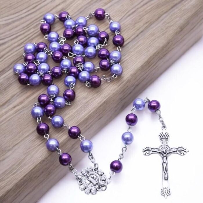 Double Tone Purple Glass Pearl Rosary Necklace