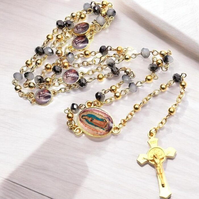 Our Lady of Guadalupe Crystal Gray Beads Rosary Necklace