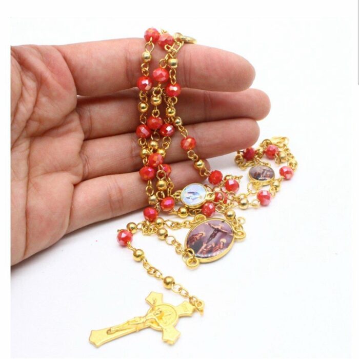 Our Lady of Guadalupe Crystal Red Beads Rosary Necklace