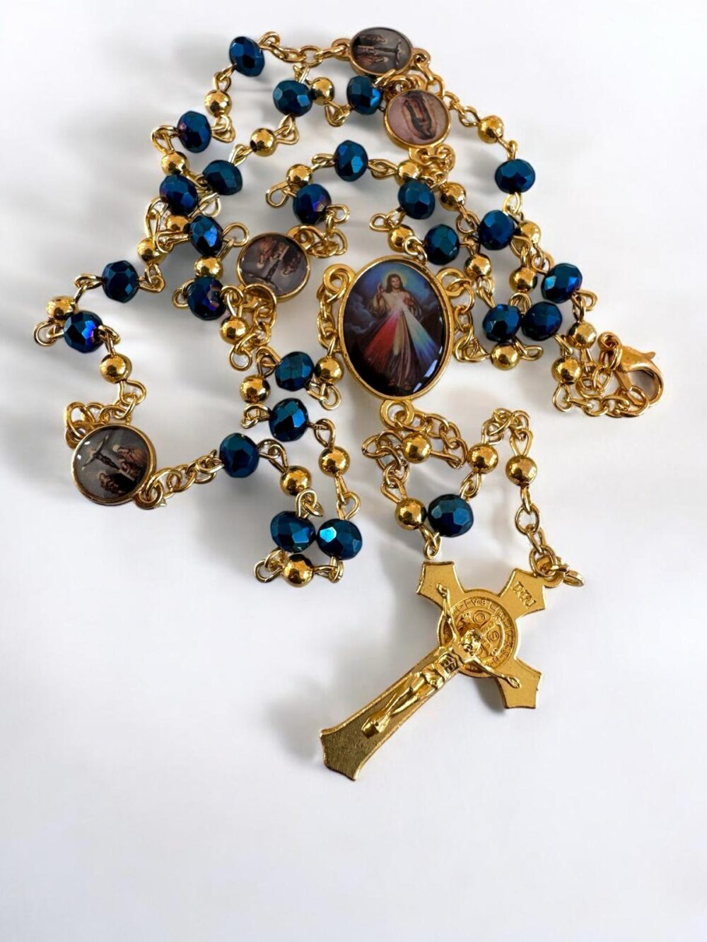 Our Lady of Divine Mercy Crystal Blue Beads Rosary Necklace