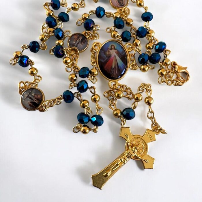 Our Lady of Divine Mercy Crystal Blue Beads Rosary Necklace