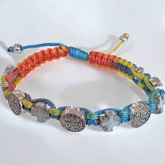 Multicolor Saint Benedict medal macrame adjustable Cord bracelet