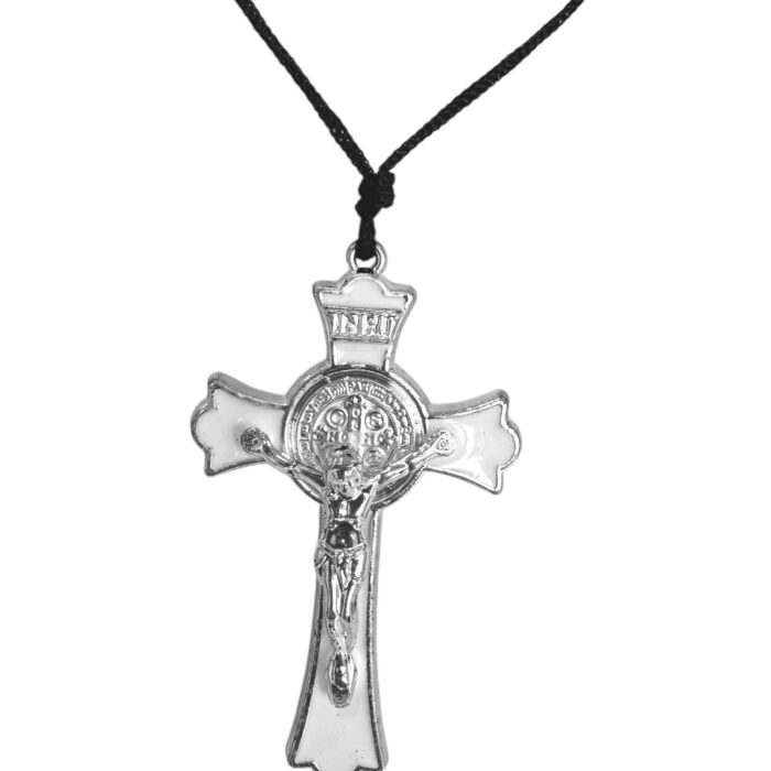 Vintage paracord Saint Benedict medal pendant white enamel