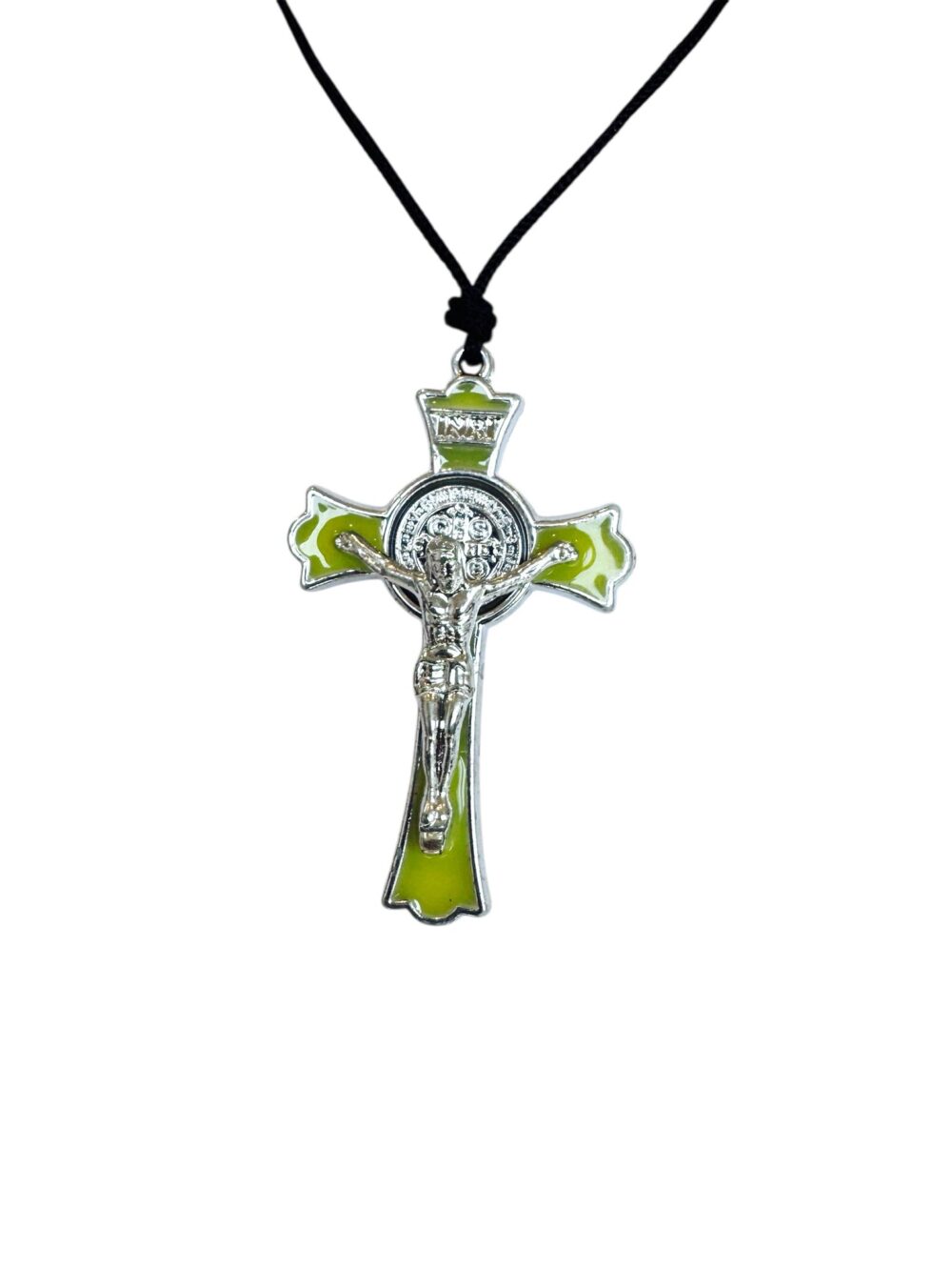 Vintage paracord Saint Benedict medal pendant green enamel