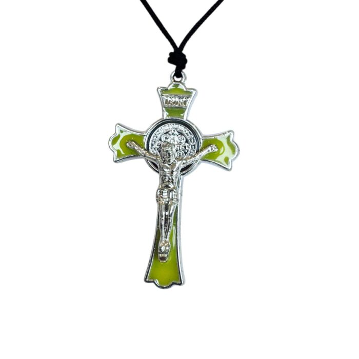 Vintage paracord Saint Benedict medal pendant green enamel