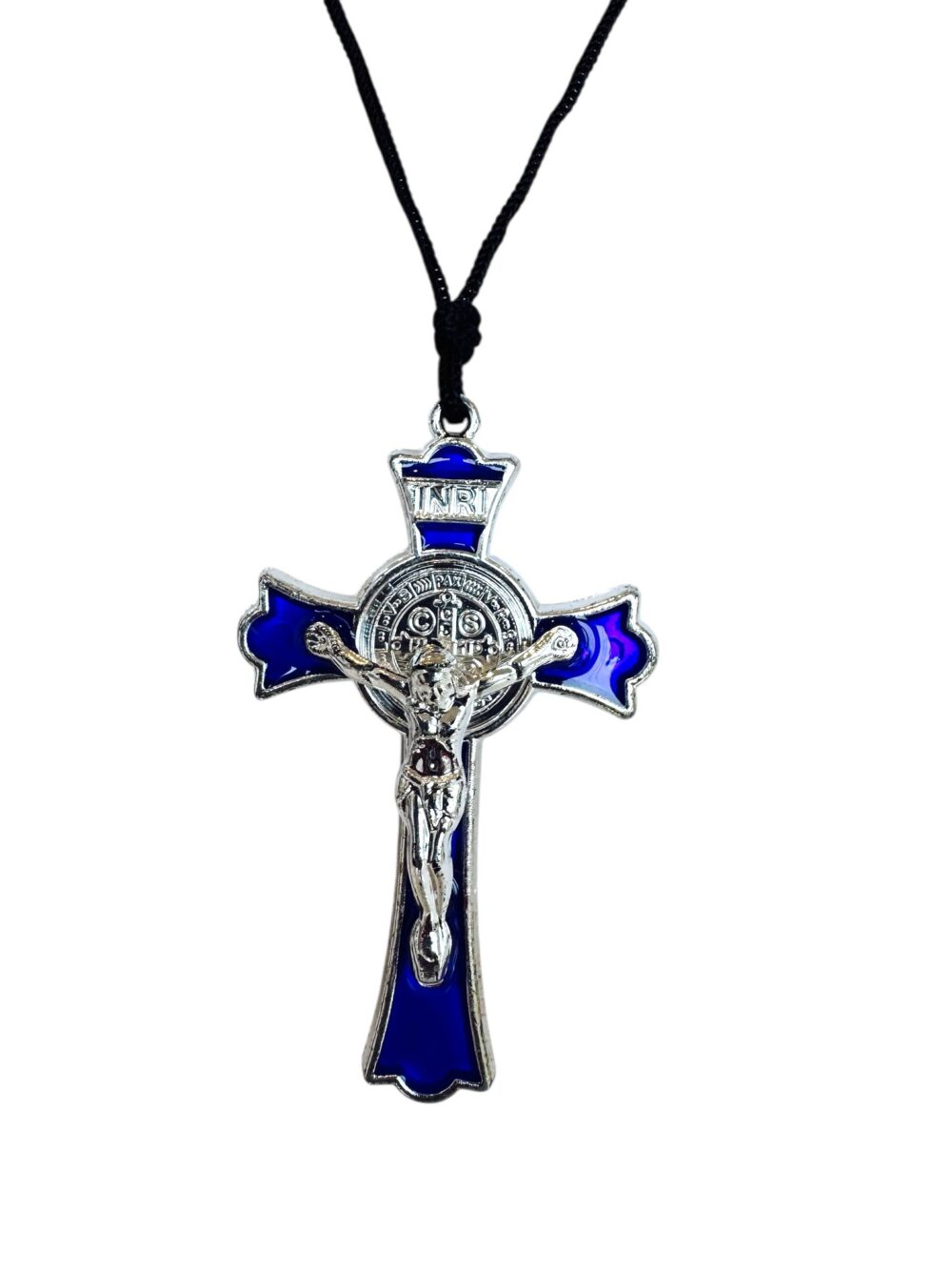 Vintage paracord Saint Benedict medal pendant blue enamel