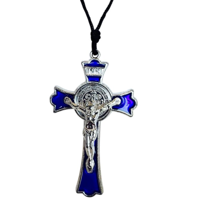 Vintage paracord Saint Benedict medal pendant blue enamel