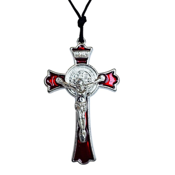 Vintage paracord Saint Benedict medal pendant red enamel