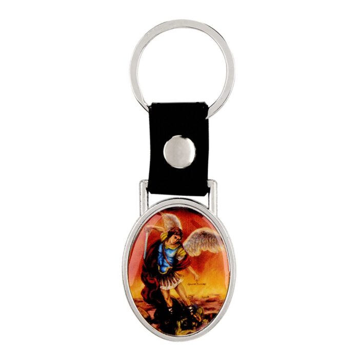 Saint Michael devotional black leather keyring