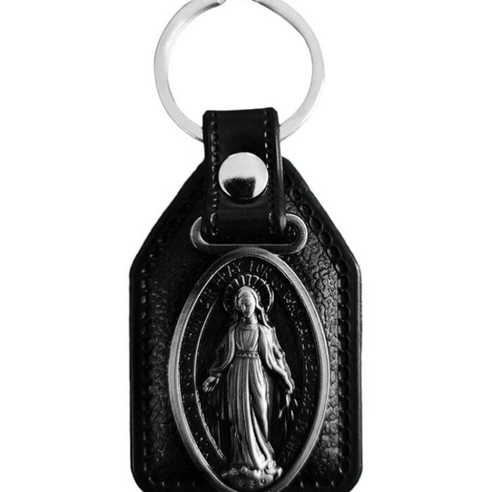 Miraculous medal black leather keyring