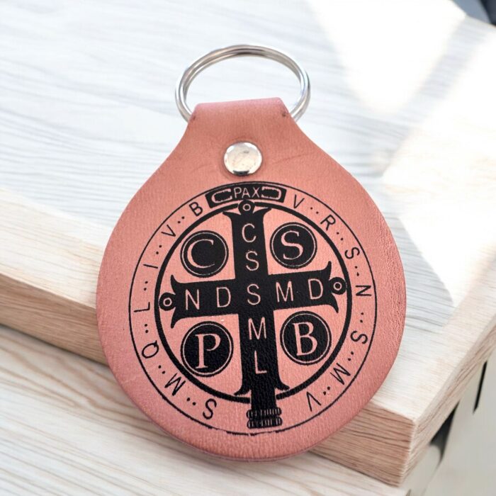 Brown leather Saint Benedict keyring