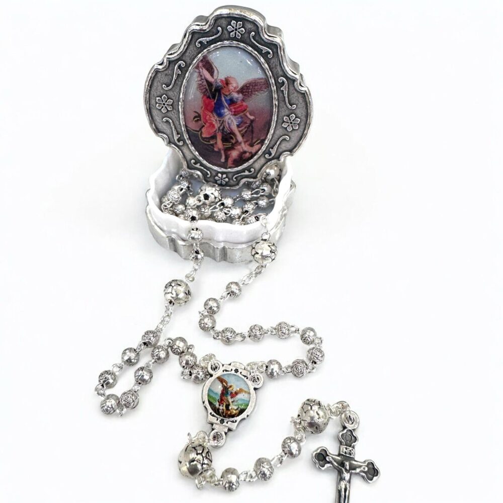 Saint Michael antique mini silver beads protective rosary with box
