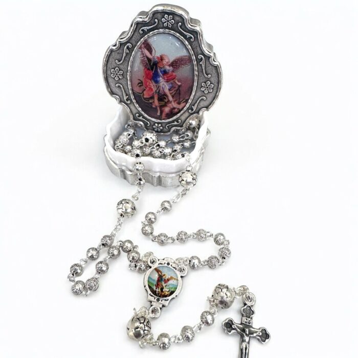 Saint Michael antique mini silver beads protective rosary with box
