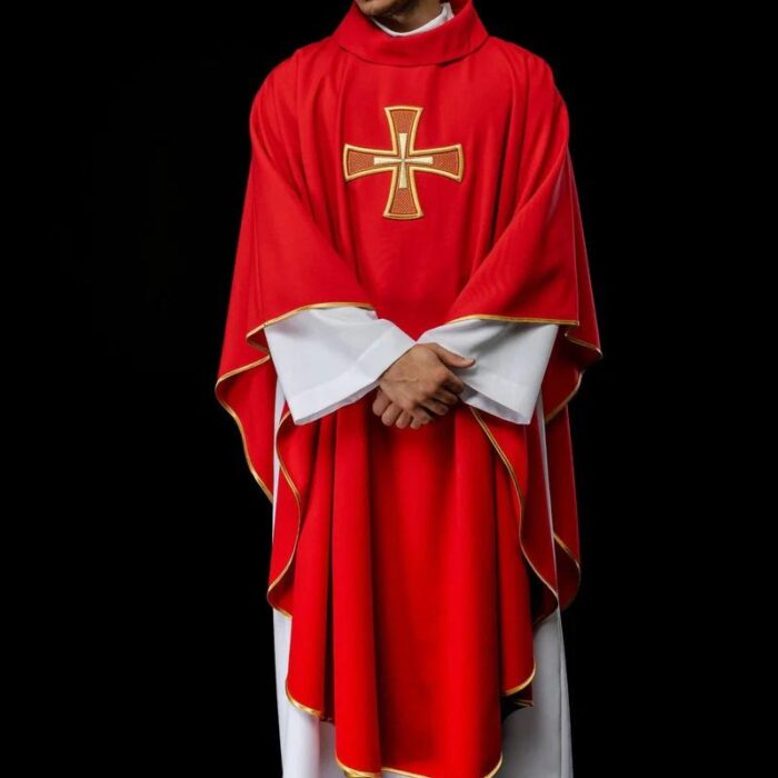 Red Embroidered chasuble IHS with Cross motif
