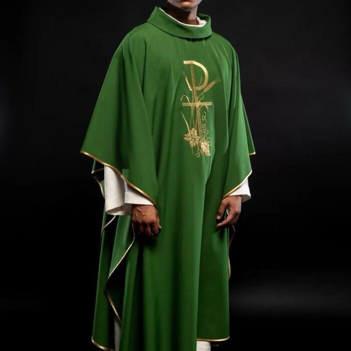Green chasuble with gold cross embroidery