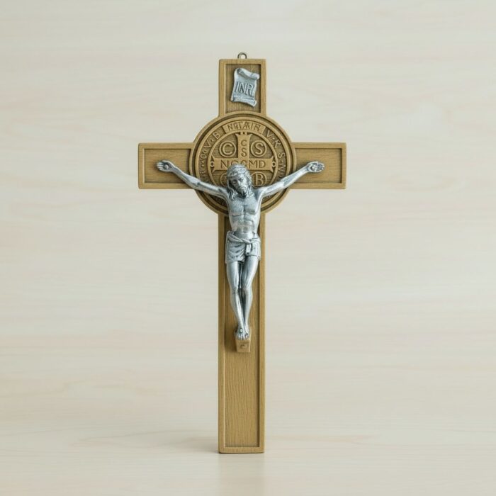 Saint Benedict olive woodtone Medal Crucifix  5"